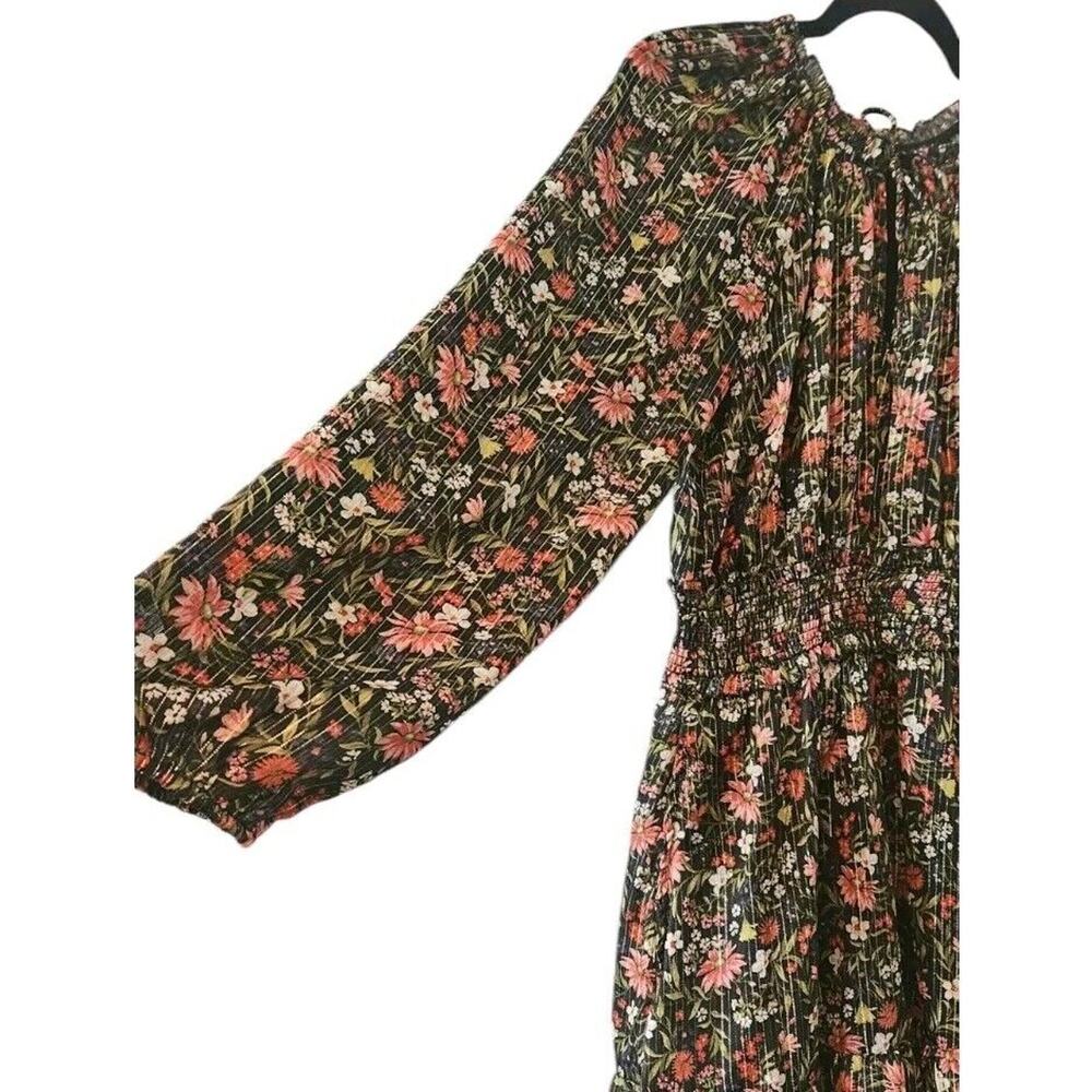 Old Navy Womens M Dark Floral Gold Metallic Midi Dress Smocked Waist Fairy Goth - Picture 4 of 11